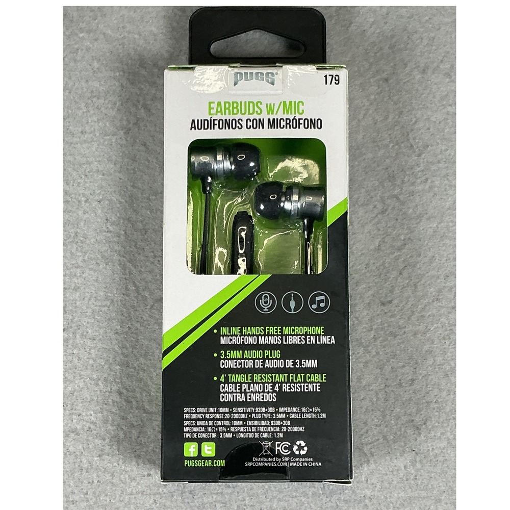 Pugs 179 Wired Earbuds with Mic 3.5mm Jack Flat Cable New